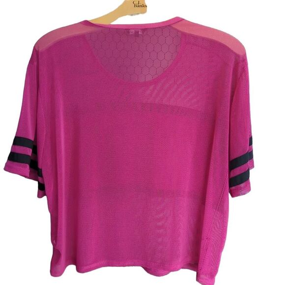 Bebe Sport Women's 3X Sporty Fishnet Tee Shirt Black Pink Logo Workout Athletic - Picture 2 of 5